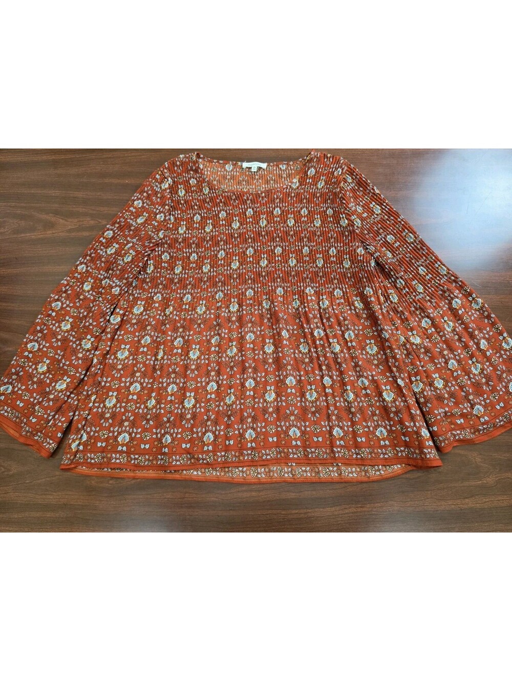 Max Studio S Rust Orange Floral Bohemian Pleated Long Sleeve Southwestern Top